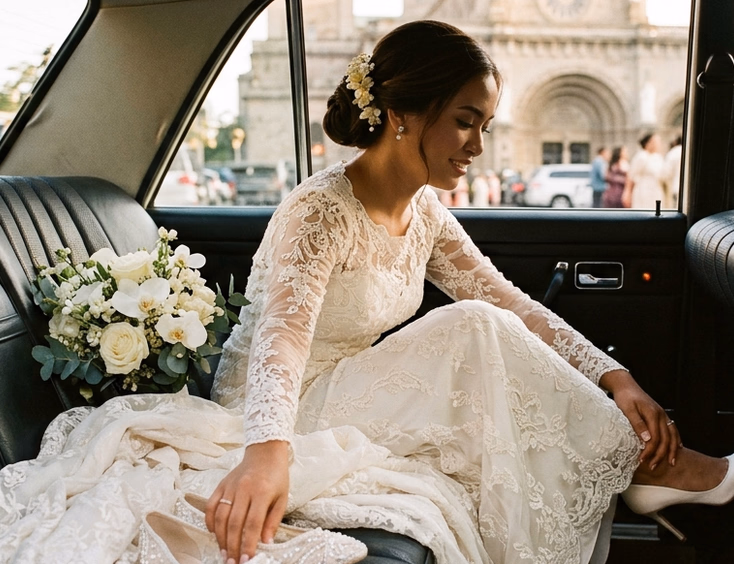 Filipino bride in a white bridal car outside a Manila cathedral slipping off her ivory satin heel and reaching for beaded ballet flats in a quiet moment between ceremony and reception