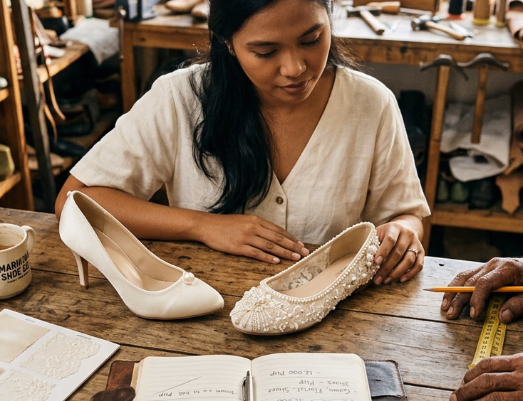 Filipino bride-to-be comparing a custom ivory satin heel and hand-beaded ballet flat on a wooden desk at a Marikina shoemaker's atelier, surrounded by fabric swatches, a budget notebook, and a measuring tape