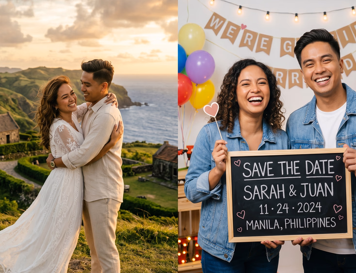 Split-screen comparison of a cinematic prenup video of a Filipino couple on a Batanes hilltop at golden hour on the left and a playful save the date video frame in a bright Manila studio on the right.