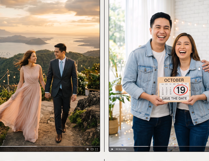 Side-by-side comparison of a dramatic Filipino prenup video shot at a Tagaytay overlook with formal attire and cinematic grading versus a bright and playful save the date studio video with the couple in casual denim outfits.