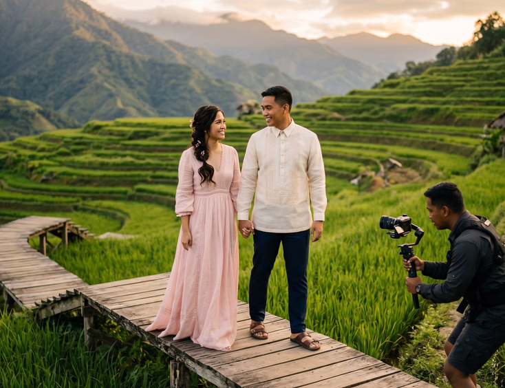 Filipino couple posing on a wooden footbridge surrounded by Philippine rice terraces during a prenup video shoot with a videographer filming on a cinema gimbal under warm late afternoon golden light.