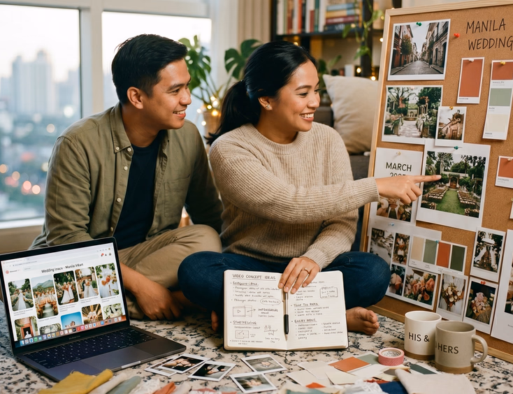 Filipino couple planning their prenup video concept on a Manila condo floor surrounded by mood boards, polaroid photos, fabric swatches, and a Pinterest concept board in a warm and creative setting.