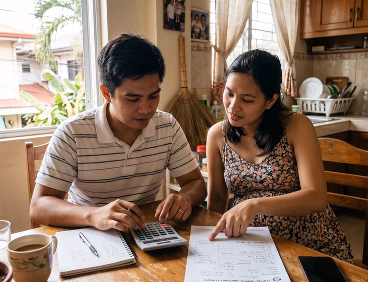 A young Filipino father and his pregnant wife sit at a kitchen table with a calculator, reviewing a hospital billing estimate together.