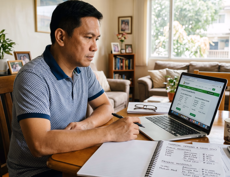 A Filipino father uses a laptop at home to compare public and private hospital options and maternity costs on a nearby notepad.