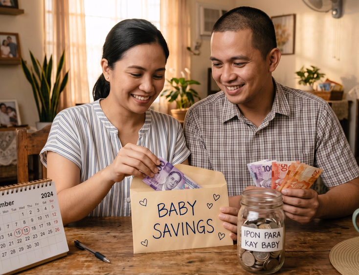 A smiling Filipino couple sits at their dining table, carefully budget planning and placing cash into a labeled baby savings envelope.