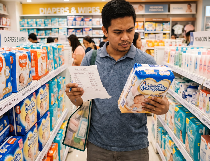 A budgeting Filipino father stands in a bright baby store aisle, holding a shopping list and carefully comparing prices of newborn items.