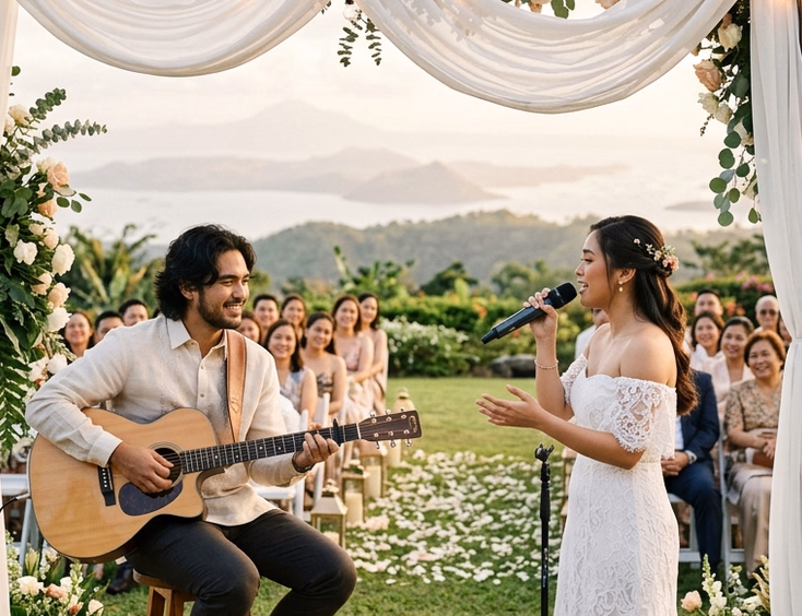 Filipino acoustic guitarist and female vocalist performing under a greenery-draped wooden arch at an outdoor Tagaytay garden wedding ceremony