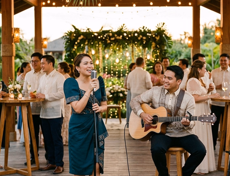 Filipino acoustic duo performing at a wedding cocktail hour in an open-air pavilion with guests mingling at nearby cocktail tables