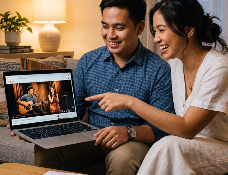 Filipino couple on a couch watching an acoustic duo performance video on a laptop with a printed song list on the coffee table