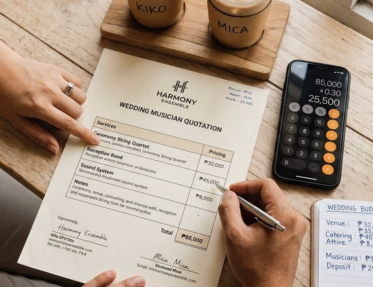 Top-down flat lay of a wedding musician quotation sheet, calculator, notebook, and iced coffee cups with a Filipino couple's hands reviewing the documents