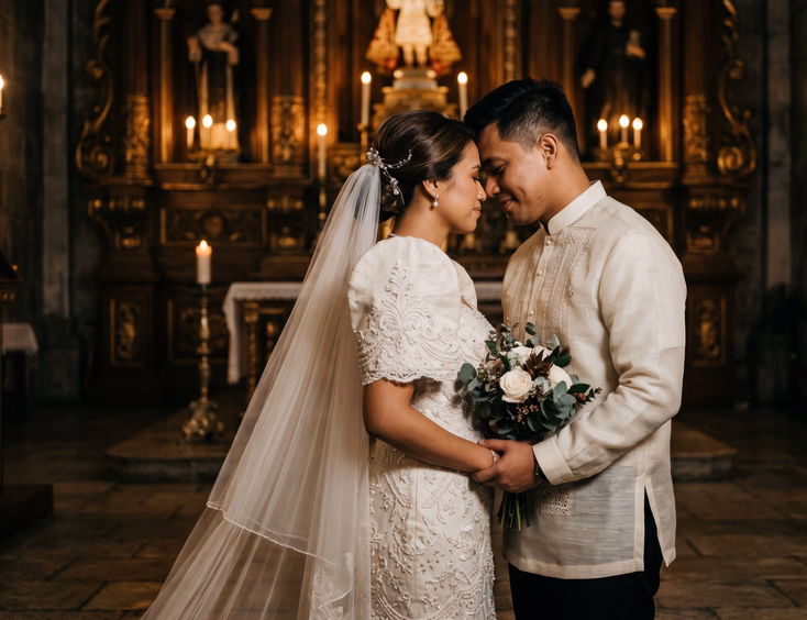 Cinematic dark and moody wedding portrait of a Filipino bride and groom inside a Spanish-era Catholic church in Manila with carved retablo and glowing brass candle sconces