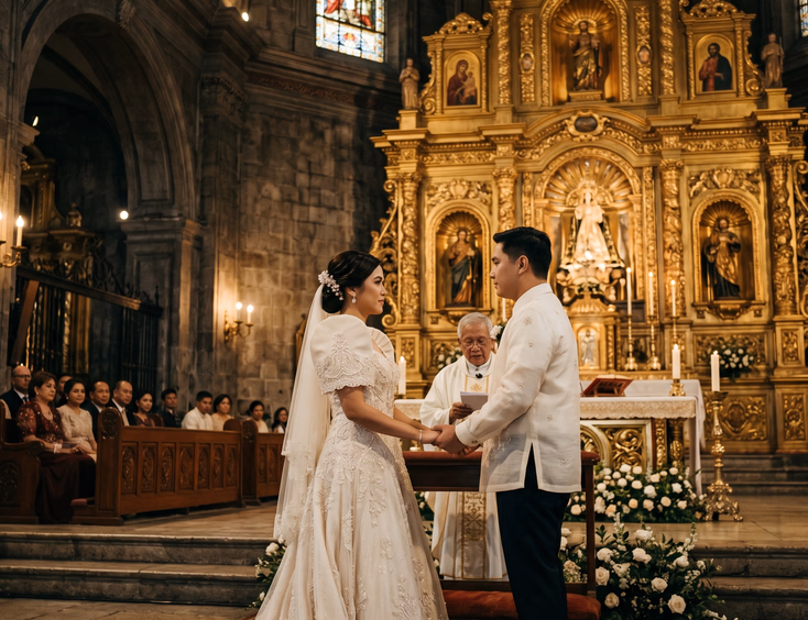 Filipino couple in a mestiza gown and piña barong tagalog exchanging vows at the altar of a Spanish colonial church in Intramuros Manila with a gold leaf retablo and stained glass light