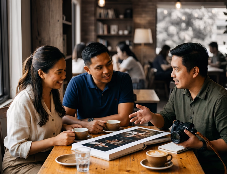 Filipino couple meeting with a wedding photographer at a quiet cafe in Quezon City reviewing a printed wedding album with moody cinematic lighting