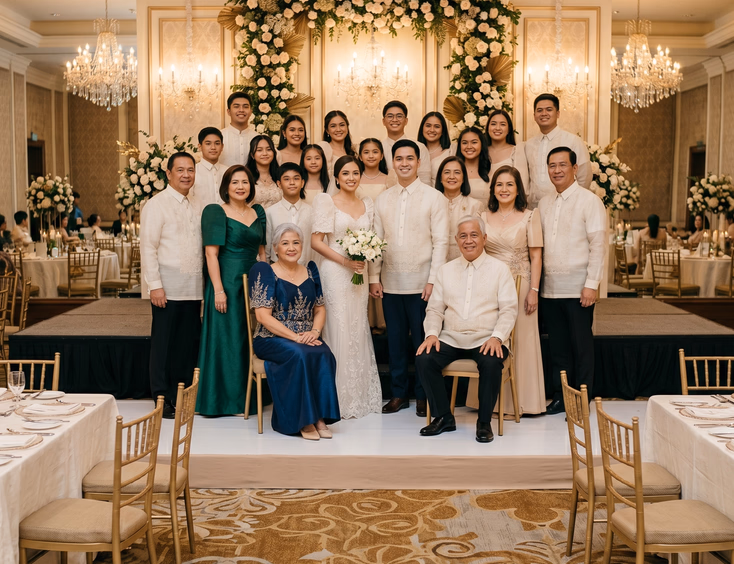 Multigenerational Filipino family group portrait at a wedding reception inside a hotel ballroom in Makati with three generations dressed in formal Filipino attire