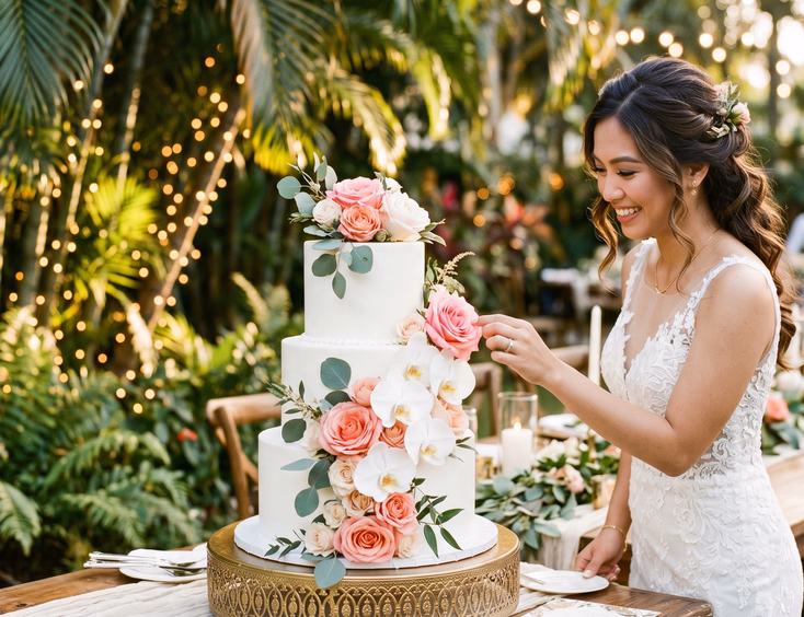Filipino bride gently touching fresh pink roses on a three-tiered white wedding cake at a garden reception, surrounded by string lights and tropical greenery in warm golden hour light