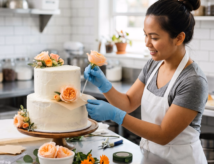 Filipino baker inserting a food-safe floral pick into a peach rose before placing it on a buttercream wedding cake, with parchment paper barrier visible in a clean bright bakery kitchen