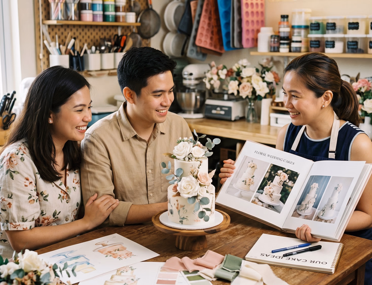 Filipino couple reviewing a floral wedding cake portfolio with a cake artist in a cozy cake studio, with sugar flower samples, sketches, and color swatches spread on the table