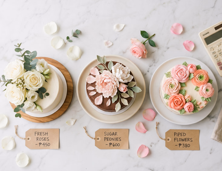 Flat lay of three single-tier sample cakes decorated with fresh white roses, sugar peonies, and piped buttercream flowers with handwritten peso price tags on a marble surface