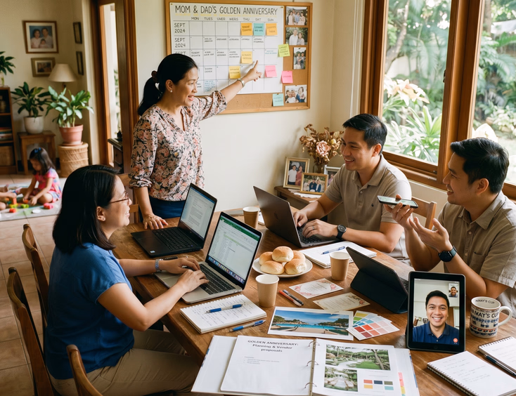 Adult Filipino siblings gathered around a dining table planning their parents' golden wedding anniversary.