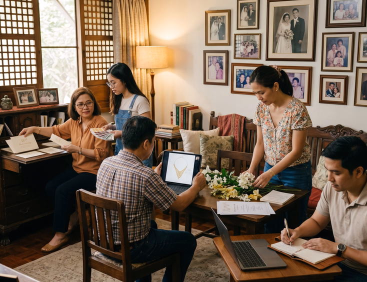 Four adult Filipino siblings collaborating on wedding anniversary planning tasks inside a family home.