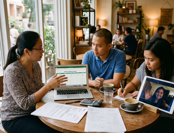 Adult Filipino siblings discussing a celebration budget with a spreadsheet at a Manila cafe.
