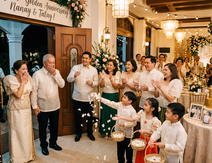 Elderly Filipino couple surprised by their family at their golden wedding anniversary reception venue.