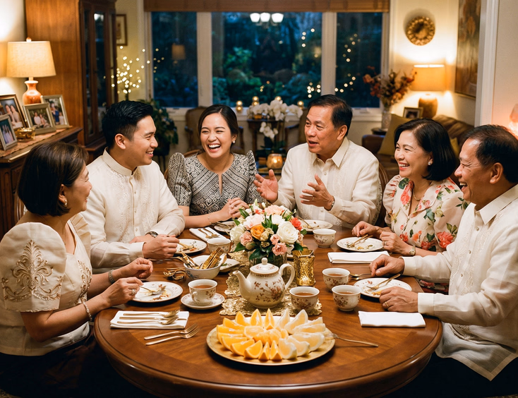 Filipino couple and parents sharing tea and sliced oranges and pomelos in relaxed conversation after tinghun engagement feast at elegantly decorated dining table