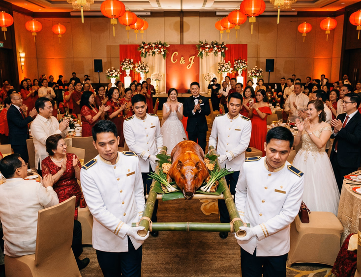 Four Filipino waitstaff in white uniforms carrying whole golden-skinned roasted lechon on bamboo spit through Philippine hotel ballroom at Chinoy wedding reception with bride and groom watching and guests in red and gold attire seated at round tables