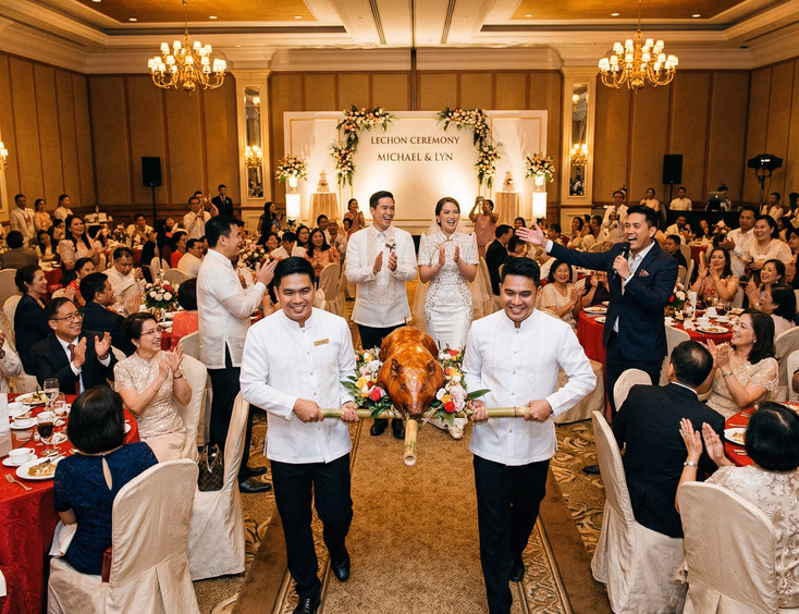 Filipino emcee gesturing toward whole roasted lechon on bamboo spit carried by waitstaff through center aisle of Philippine hotel ballroom as Chinoy wedding guests at red-draped tables stand and applaud