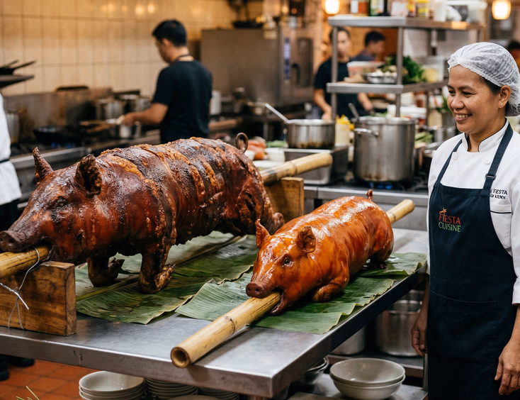 Two whole roasted pigs side by side on bamboo spits in Philippine banquet hall kitchen showing Filipino-style lechon with mahogany crispy skin beside Chinese-style sio bak with lacquered crackling skin and kitchen staff member for scale