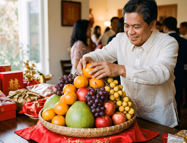 Filipino man in white barong tagalog placing an orange on top of a woven basket filled with auspicious Tinghun fruits including oranges, red apples, pomelos, grapes, and lanzones on a red cloth