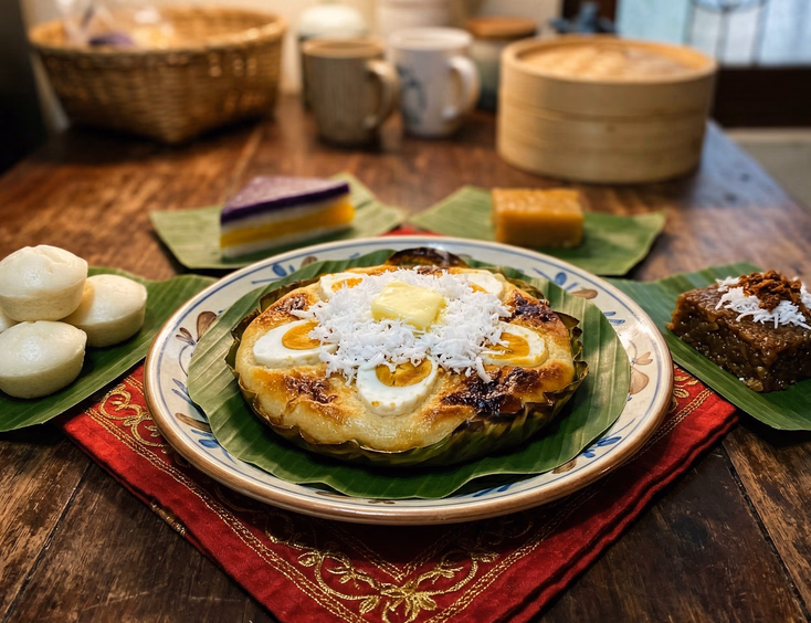 Close-up food shot of freshly baked bibingka on banana leaf surrounded by traditional Filipino kakanin including puto, sapin-sapin, and biko arranged on red cloth with gold accents for a Tinghun celebration