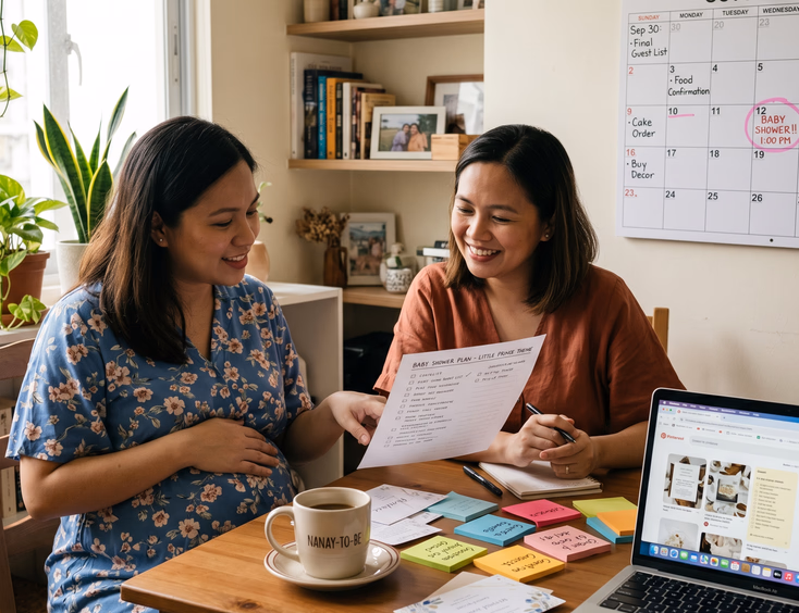 A pregnant Filipino woman and a friend plan a baby shower by reviewing a printed checklist and a marked wall calendar at a table.