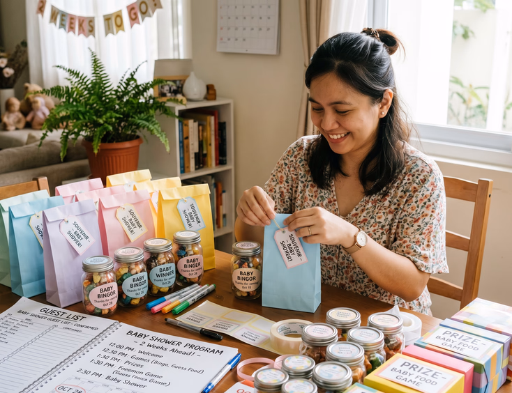 A Filipino woman prepares baby shower games and giveaways by packing prize boxes and souvenir jars into labeled bags at a table.