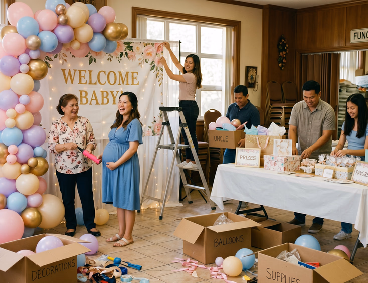 Filipino family members set up a baby shower the day before, building a pastel balloon garland and hanging a backdrop in a function room.