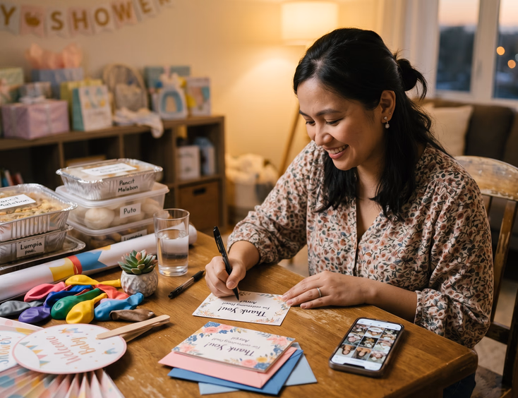 A Filipino woman writes baby shower thank-you cards at a table with leftover food boxes, folded decorations, and a phone with party photos.