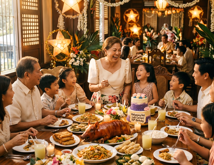 A multi-generational Filipino family celebrates a birthday at a banquet table filled with lechon, pancit, and a cake in a festive home.