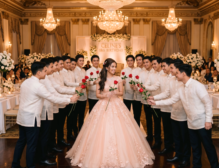 An 18-year-old Filipina debutante in a pastel ball gown holds a rose, surrounded by men in barong tagalog during a ballroom cotillion.