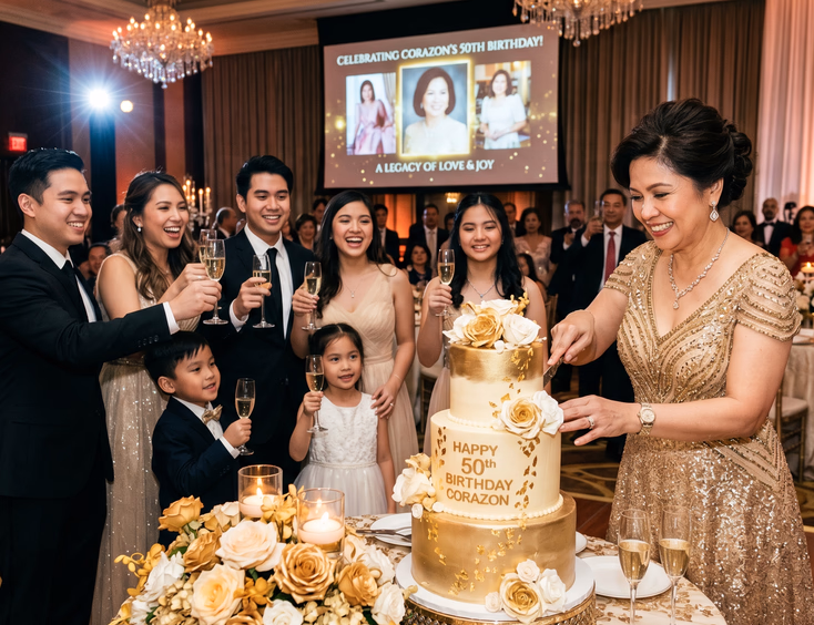 A 50-year-old Filipina in a gold gala gown cuts a three-tiered birthday cake surrounded by her family in a hotel ballroom celebration.