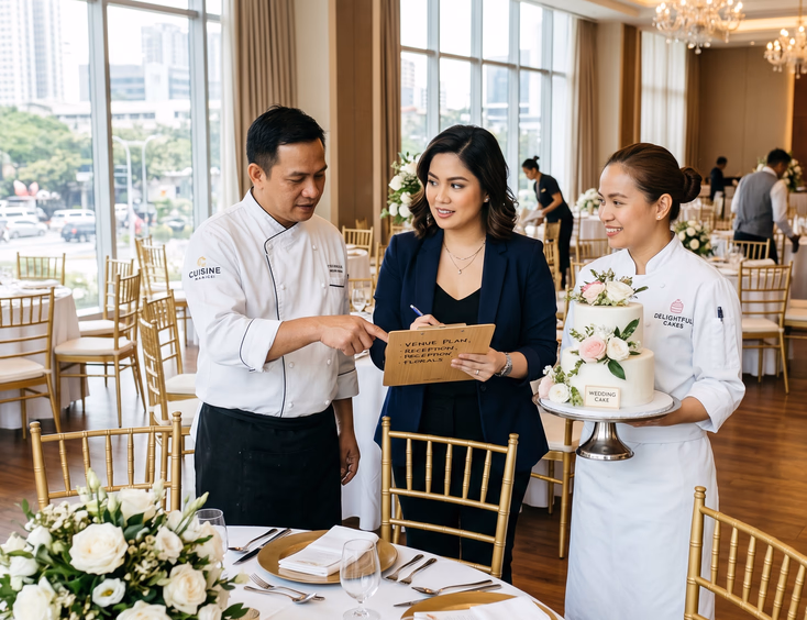 A Filipina event coordinator reviews a clipboard with a caterer and baker inside a Metro Manila hotel ballroom setting up an event.