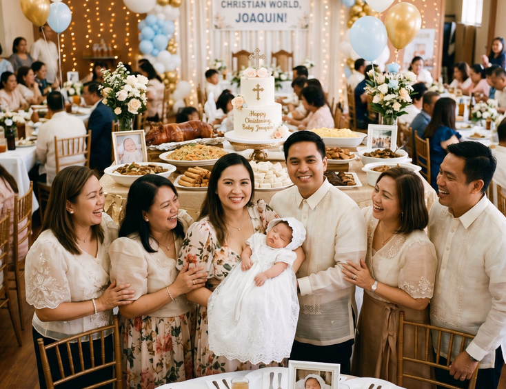 A joyful Filipino family and smiling godparents gather around a baby in a white christening gown at a reception with a decorated cake and food.