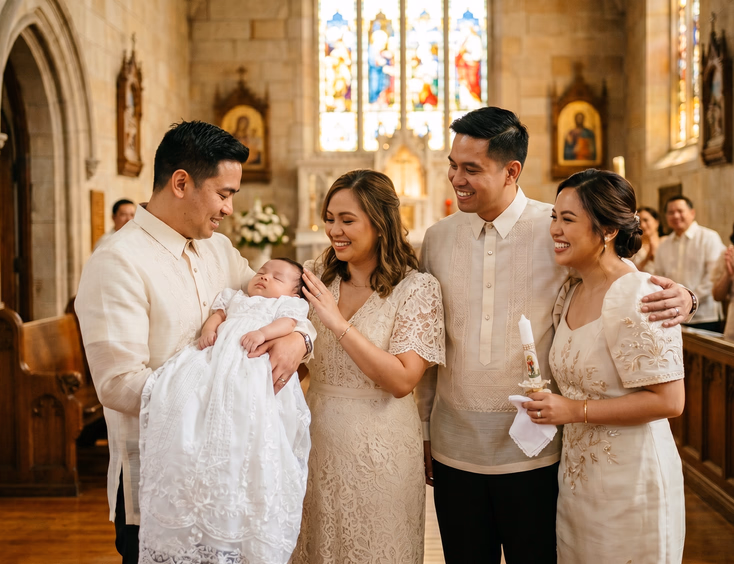 Inside a church with stained glass, Filipino godparents hold a baby in a baptismal gown while the parents stand proudly and happily beside them.