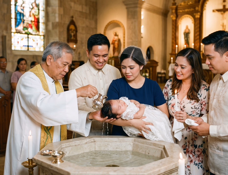 A Catholic priest pours holy water over a Filipino baby's head during a baptism, with parents and godparents watching with reverence.