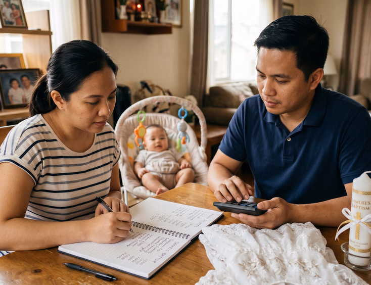 A Filipino couple sits at home planning their baby’s christening budget, with a calculator, notebook, and baptismal gown ready on the table.