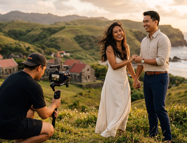 Filipino engaged couple laughing and holding hands on a grassy Batanes hilltop at golden hour while a videographer films them on a gimbal with rolling green hills and stone houses in the background.