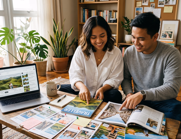 Filipino couple planning their prenup video shoot on the floor of a sunlit Manila apartment surrounded by moodboards, travel magazines, and wedding video references of Batanes and Vigan locations.