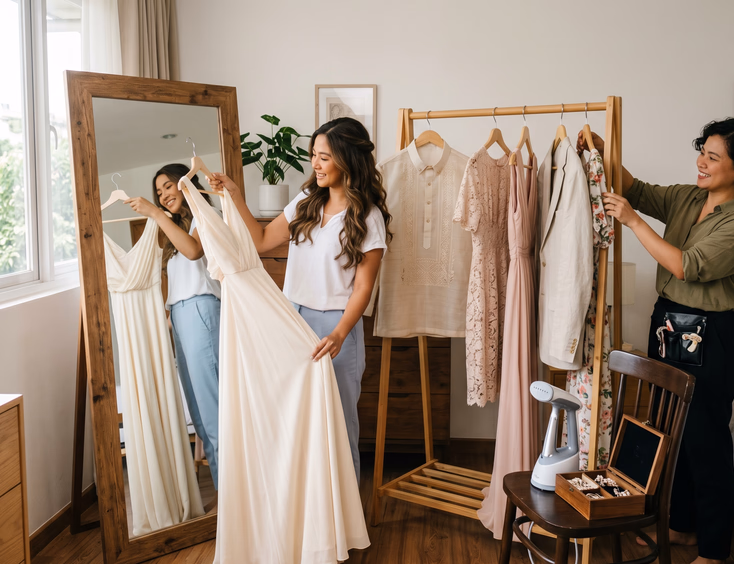 Filipino bride-to-be reviewing prenup outfit options in front of a mirror in a bright Manila bedroom with a stylist adjusting dresses on a clothing rack alongside a barong tagalog and linen suit for the groom.