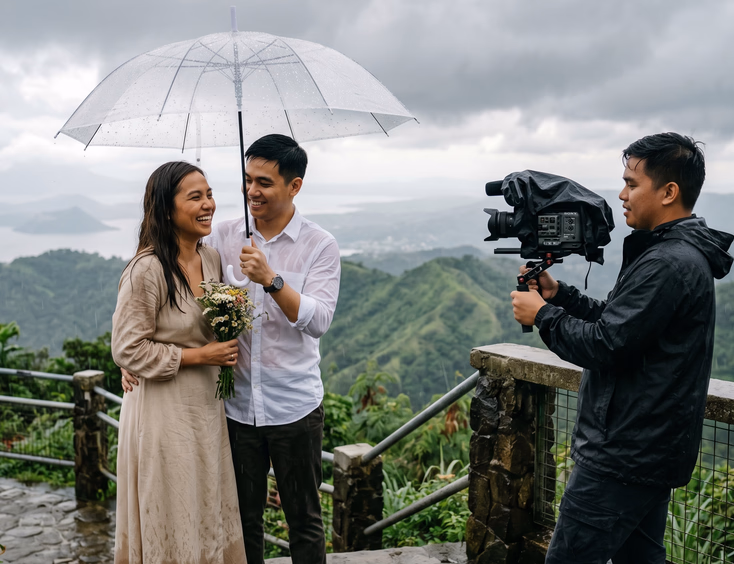Filipino engaged couple laughing together under a clear umbrella in the rain at a Tagaytay overlook while their videographer films nearby with a rain-covered cinema camera against dramatic cloudy skies.