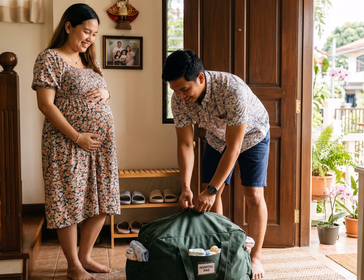 A prepared Filipino father zips up a packed hospital go-bag as his pregnant wife watches him by the doorway of their sunlit home entryway.