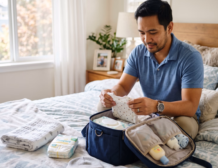 In a bright, sunlit bedroom, a focused Filipino father carefully folds tiny newborn clothes and places them into a diaper bag on the bed.